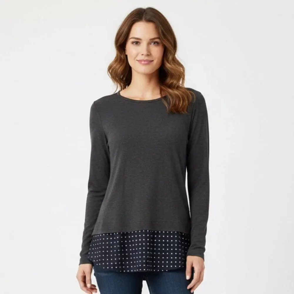 J. Crew Mercantile Twofer Mixed-Media Polka Dot Hem Grey Sweater Size Small